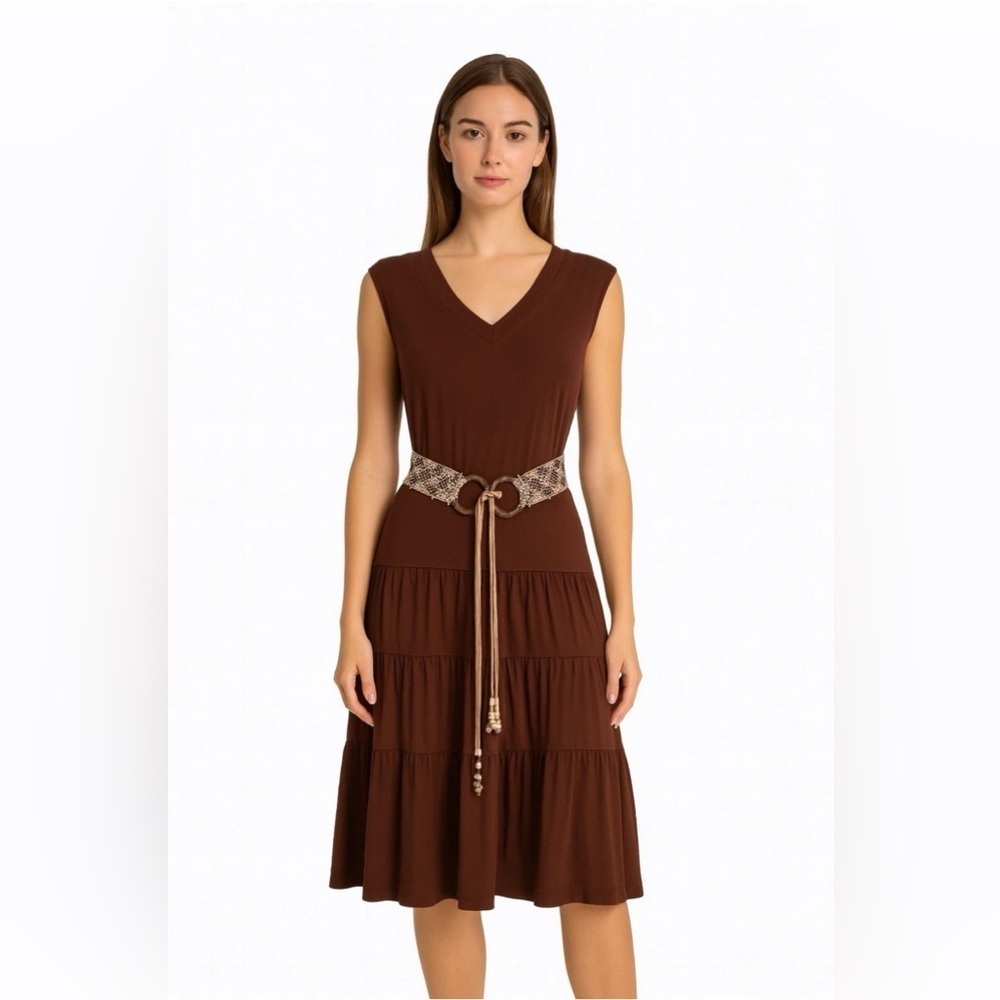 VOLUME ONE Dress Women’s Size XL Chocolate Brown Y2K Stretch Belted Sleeveless